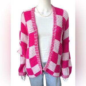 Talulah Checkerboard Cardigan Pink White Chunky Knit Cozy Oversized L